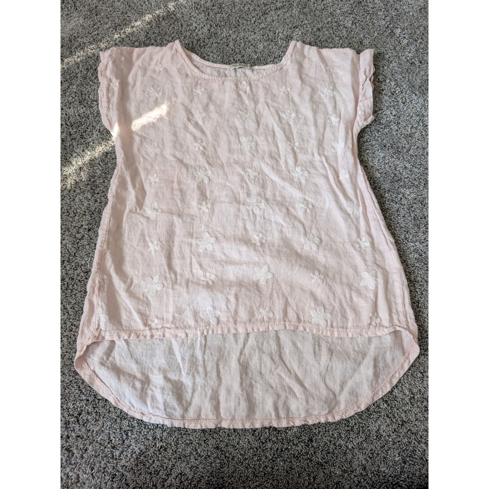Terzo Millennio Italy Pink 100% Linen Floral Embroidered High-Low Top Small